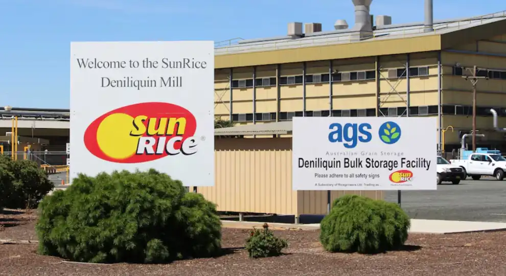 Rice fields and processing facility in the NSW Riverina amid SunRice production cuts.