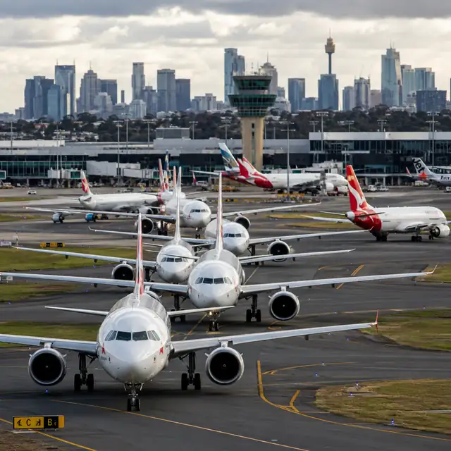 Aircraft at Sydney Airport during major flight delays on August 7, 2026