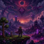 Terraria Calamity Mod-inspired pixel-art scene marking the end of development after 10 years
