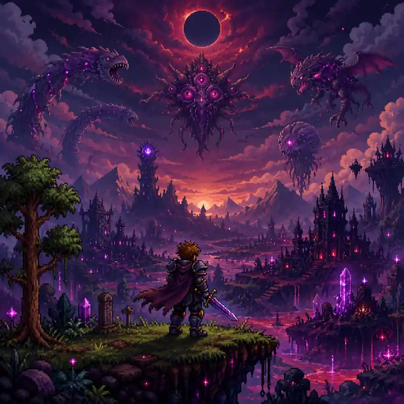 Terraria Calamity Mod-inspired pixel-art scene marking the end of development after 10 years