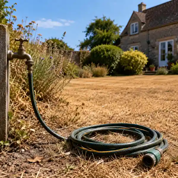 Dry garden and hose during Wessex Water hosepipe ban in August 2026.