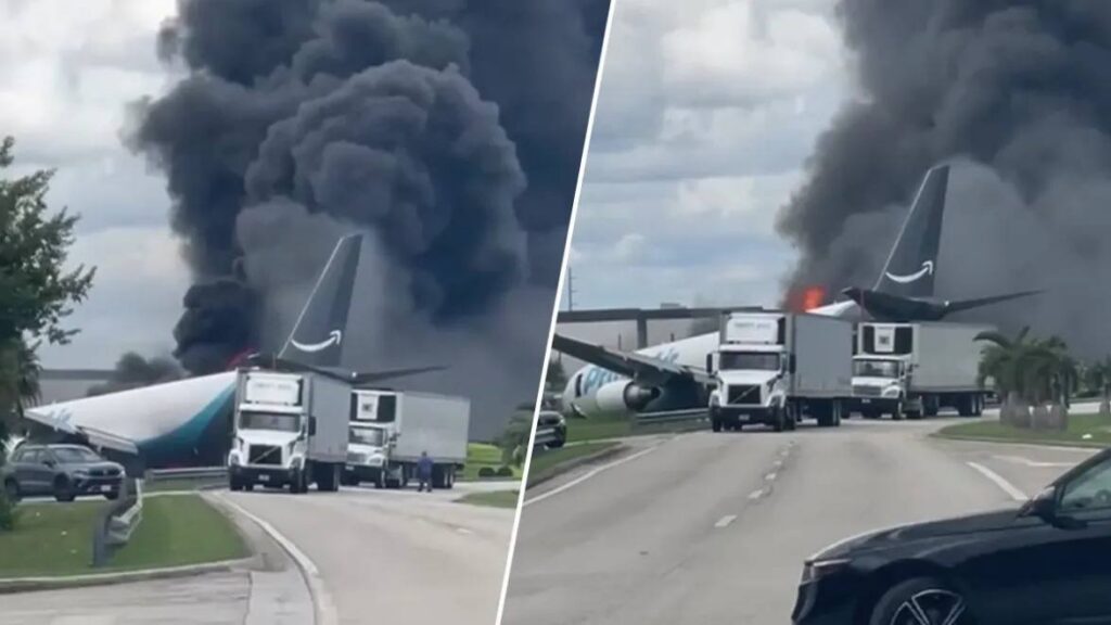Prime Air Boeing 767 after overshooting the runway at Miami International Airport and crossing a road.