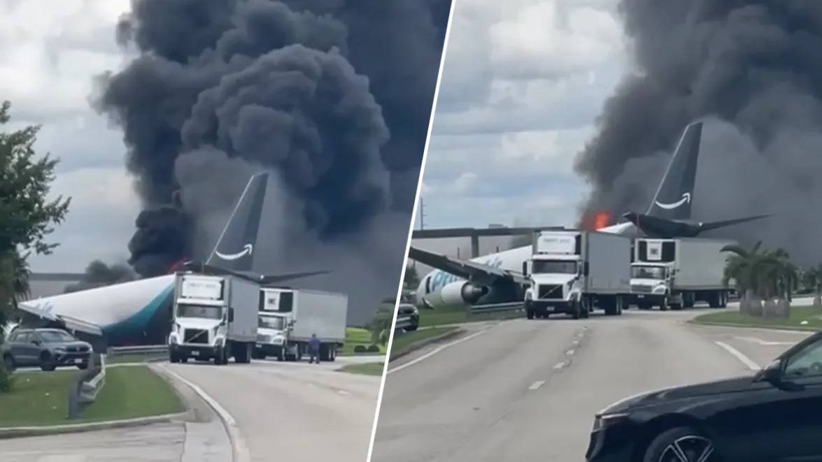 Prime Air Boeing 767 after overshooting the runway at Miami International Airport and crossing a road.