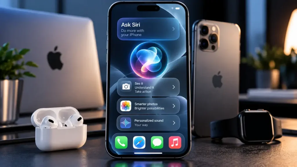 Apple iPhone running iOS 27 with Siri AI and Liquid Glass interface