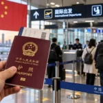Chinese passport at an airport as China tightens travel restrictions and exit controls