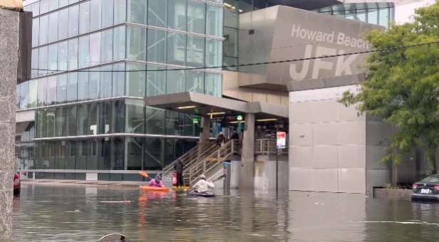 Queens Streets Flood as Nor’easter Slams NYC, Kayakers Seen Near JFK