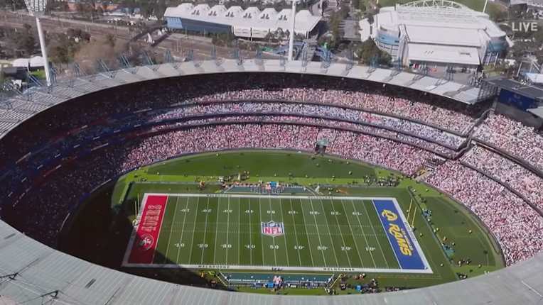 NFL field inside the Melbourne Cricket Ground ahead of Rams vs 49ers