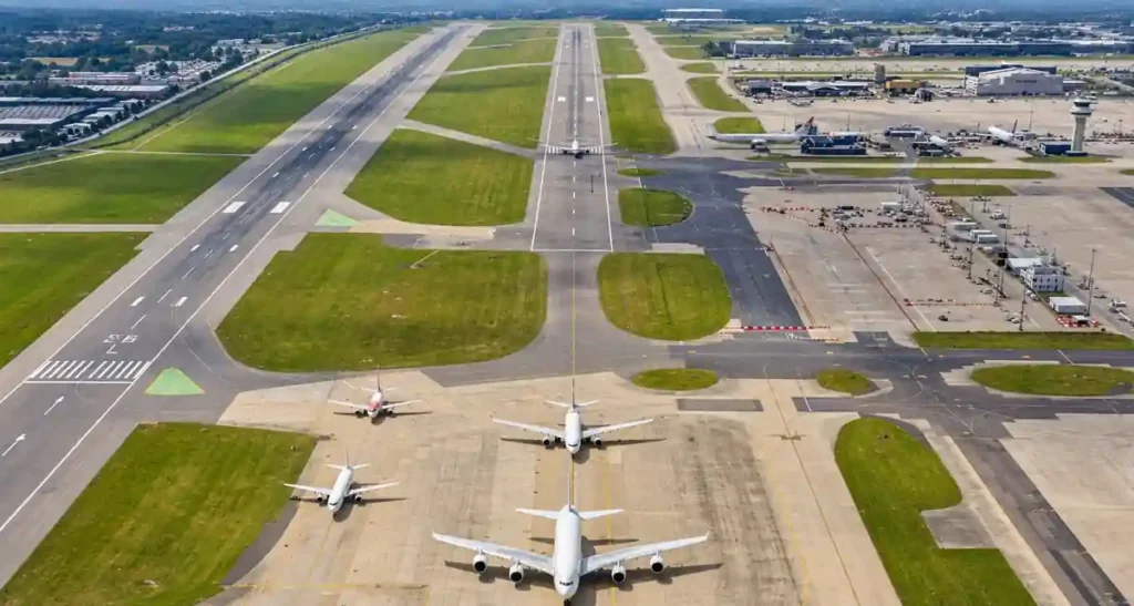 Aircraft at London Gatwick Airport during flight delays after runway disruption