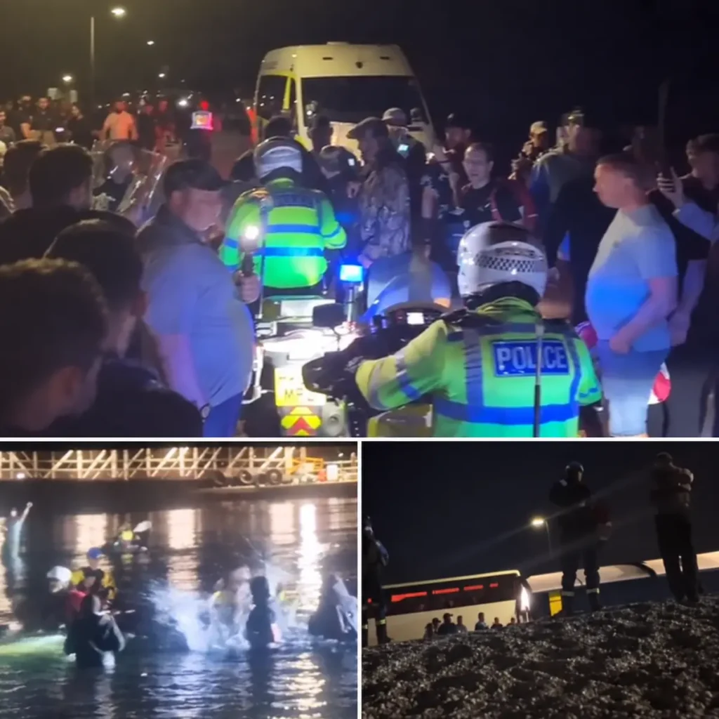 Police confront protesters near Eastney Marina in Portsmouth