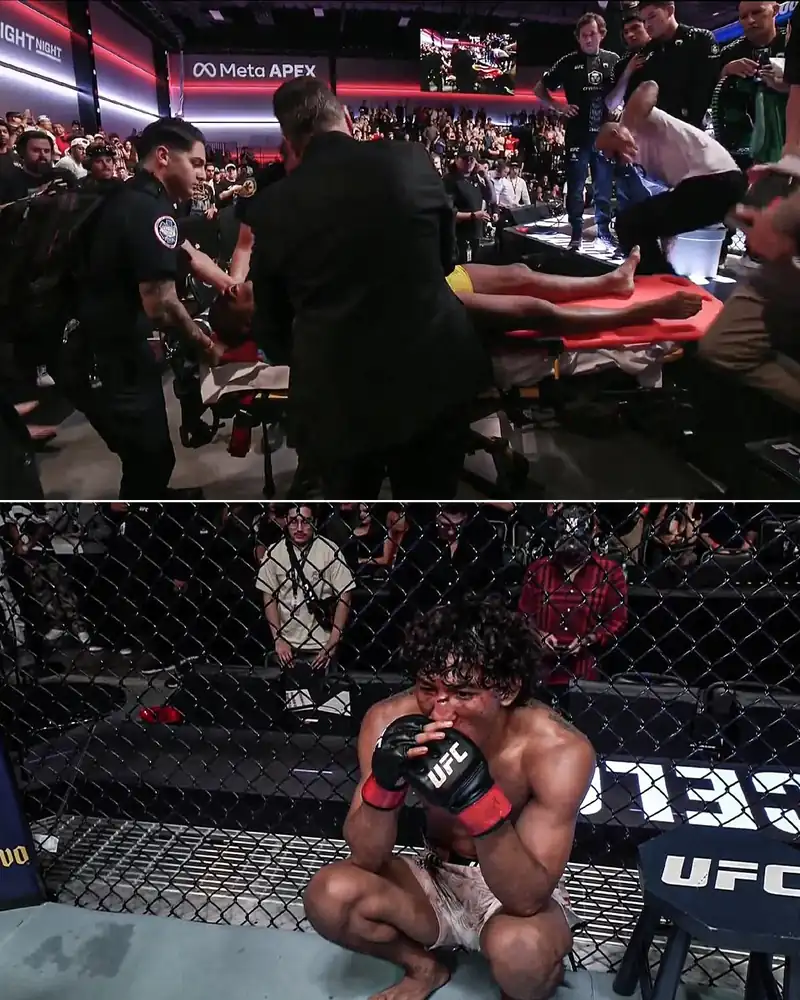 Raoni Barcelos on a stretcher as Raul Rosas Jr. reacts after their UFC fight
