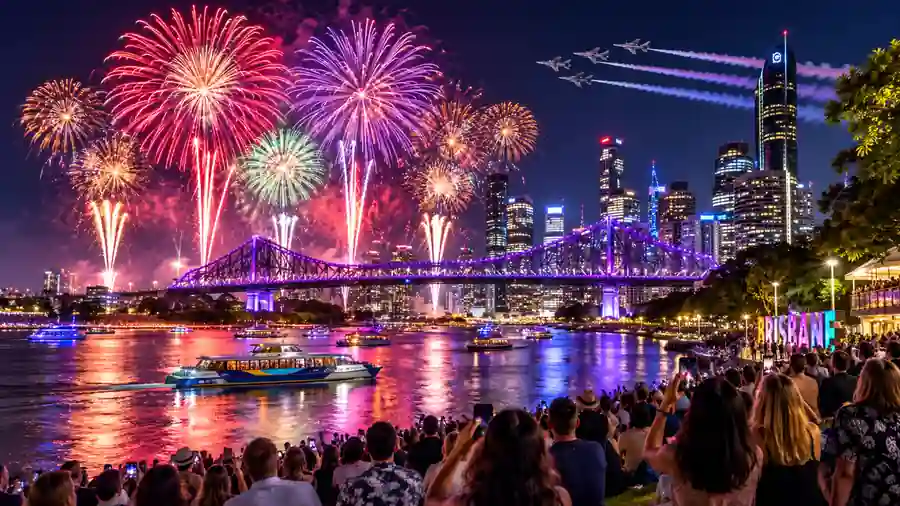 Riverfire Brisbane 2026 fireworks over Brisbane River and Story Bridge