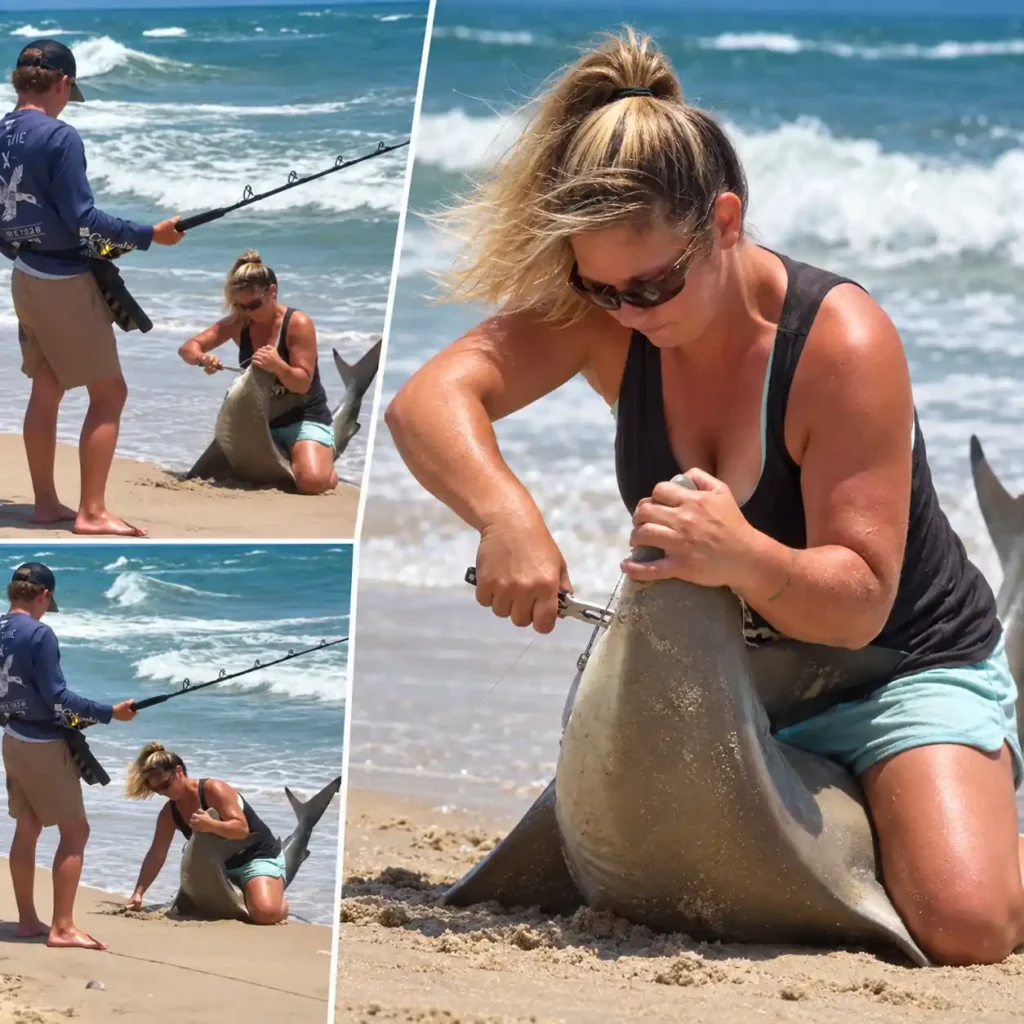 woman removes hook from shark