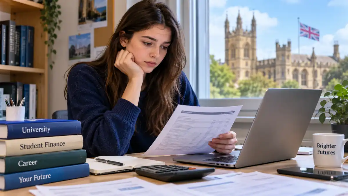 UK university student reviewing student loan guidance and repayment information.