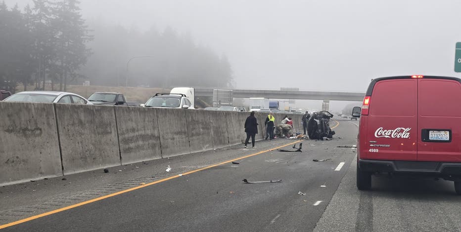 Scene of the I-5 rollover crash and alleged knife attack near DuPont, Washington