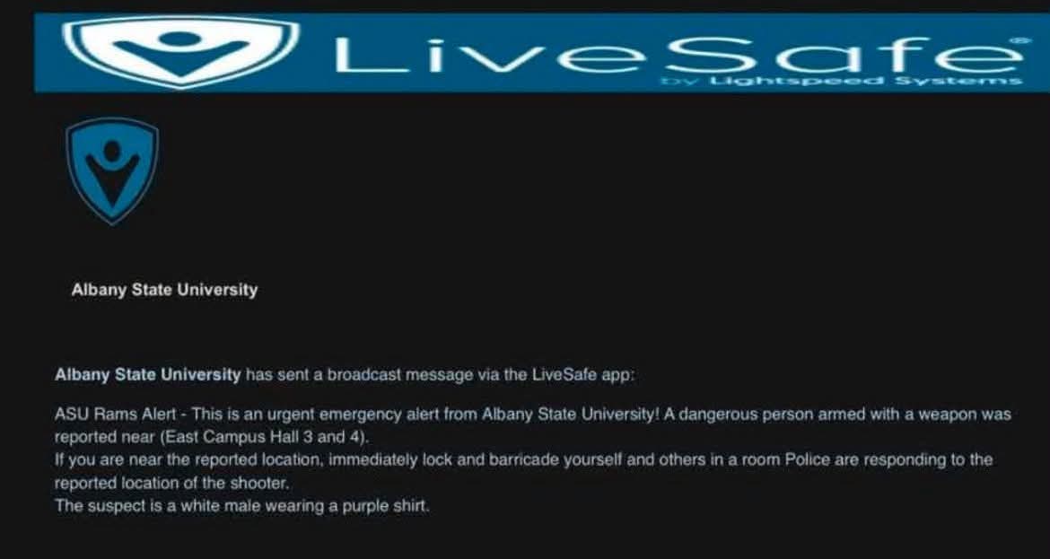 Albany State University LiveSafe emergency alert reporting an armed person near East Campus Halls 3 and 4