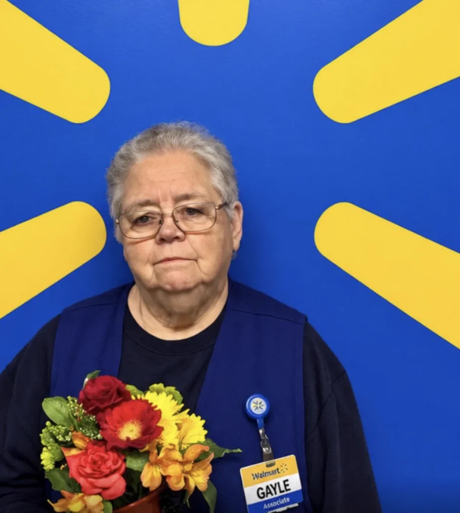 Illustrative scene of a long-serving retail employee receiving flowers in recognition of decades of service.