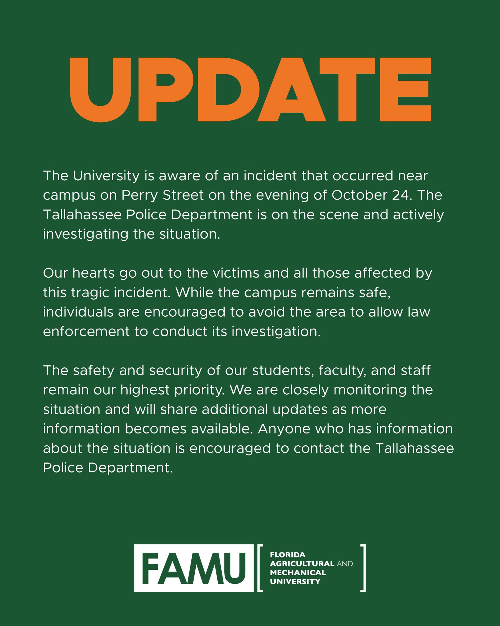 Florida A&M University statement following shooting near Bragg Stadium