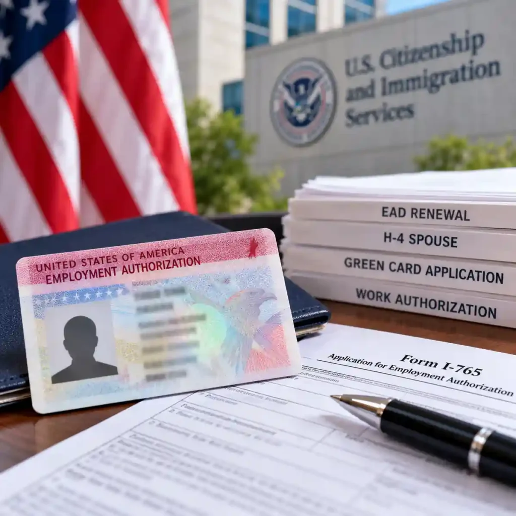 USCIS EAD work permit documents illustrating the finalized 540-day automatic extension rule affecting H-4 spouses and green card applicants.