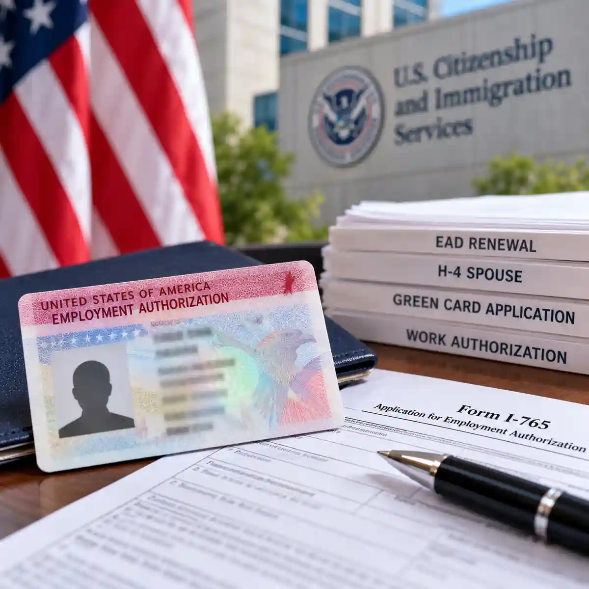 USCIS EAD work permit documents illustrating the finalized 540-day automatic extension rule affecting H-4 spouses and green card applicants.