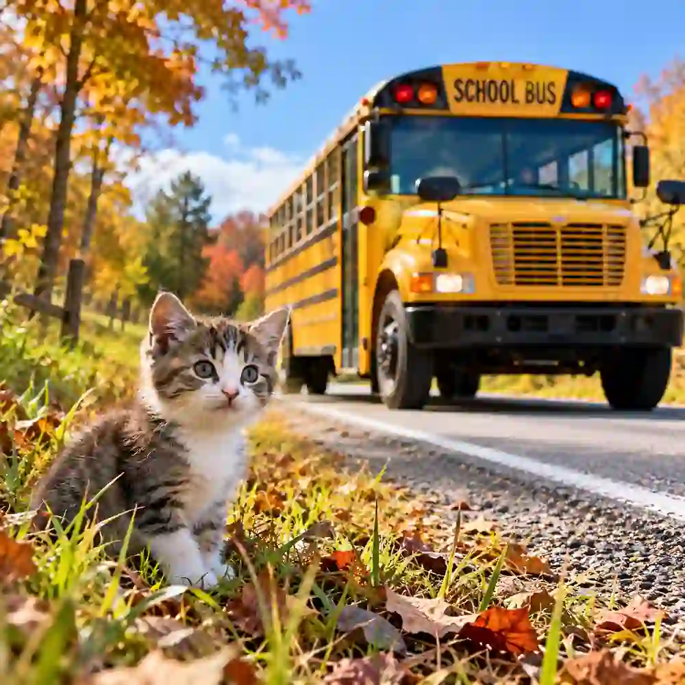 Yellow Maryland school bus and kitten illustrating Cynthia Morgan's school bus certification controversy.
