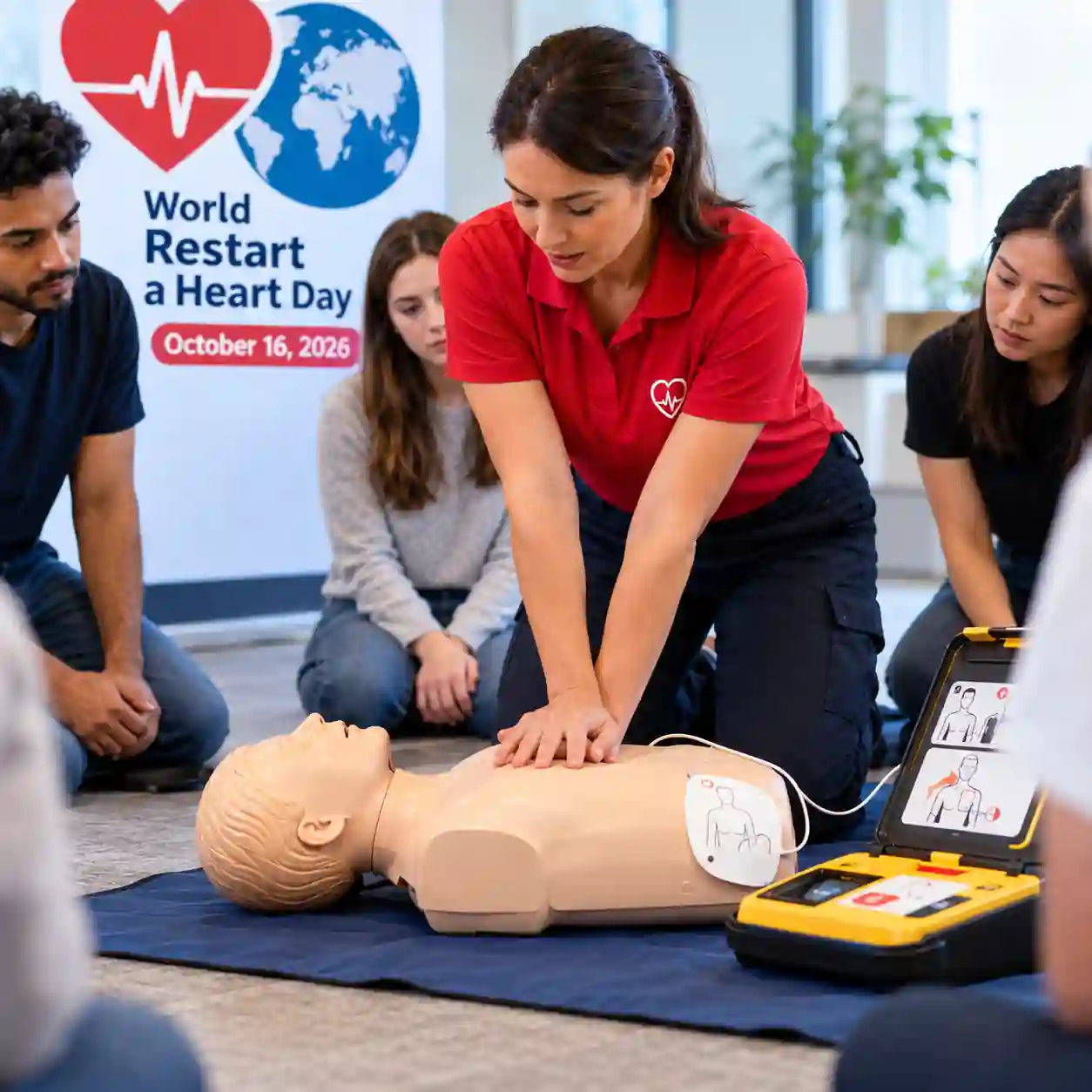 CPR instructor demonstrating chest compressions on a training mannequin for World Restart a Heart Day 2026.