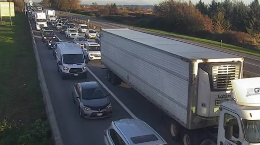Multi-vehicle crash involving a semi-truck and double-decker bus on Highway 99 near Surrey, British Columbia.