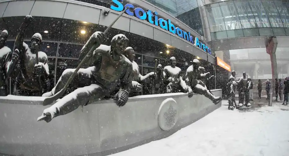Snow-covered statues outside Scotiabank Arena in Toronto, venue for UFC 336 on January 30, 2027.