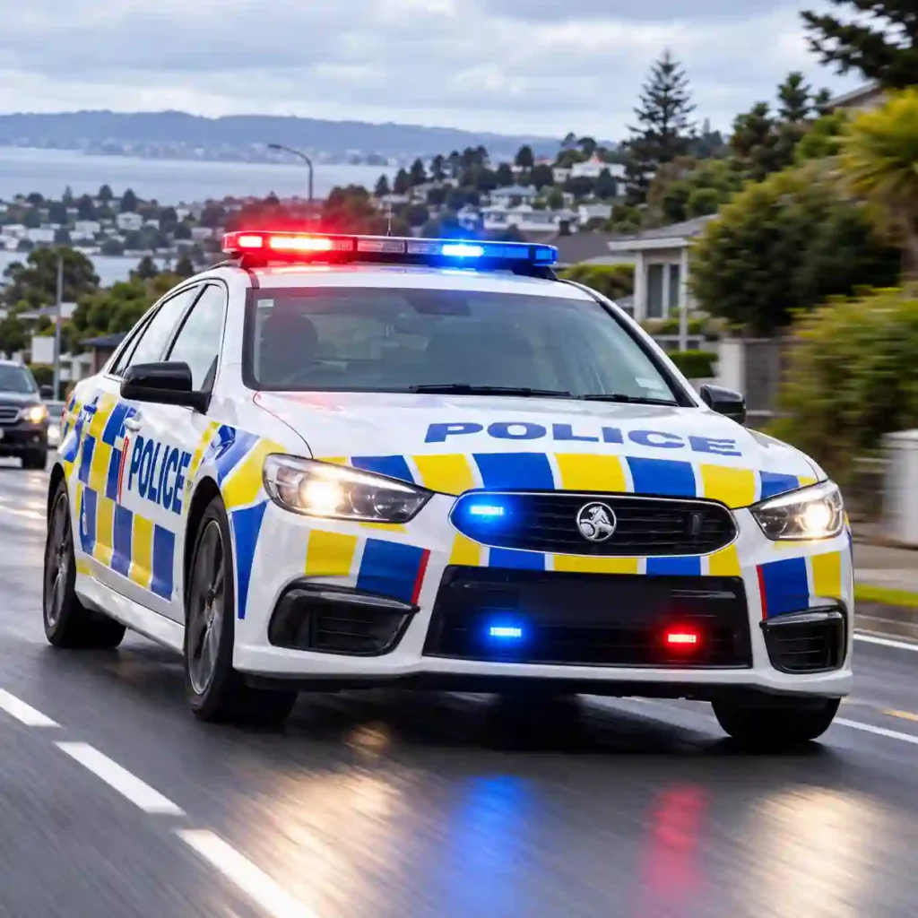 New Zealand Police patrol car with flashing emergency lights on a suburban road, illustrating a police officer's reckless driving case.