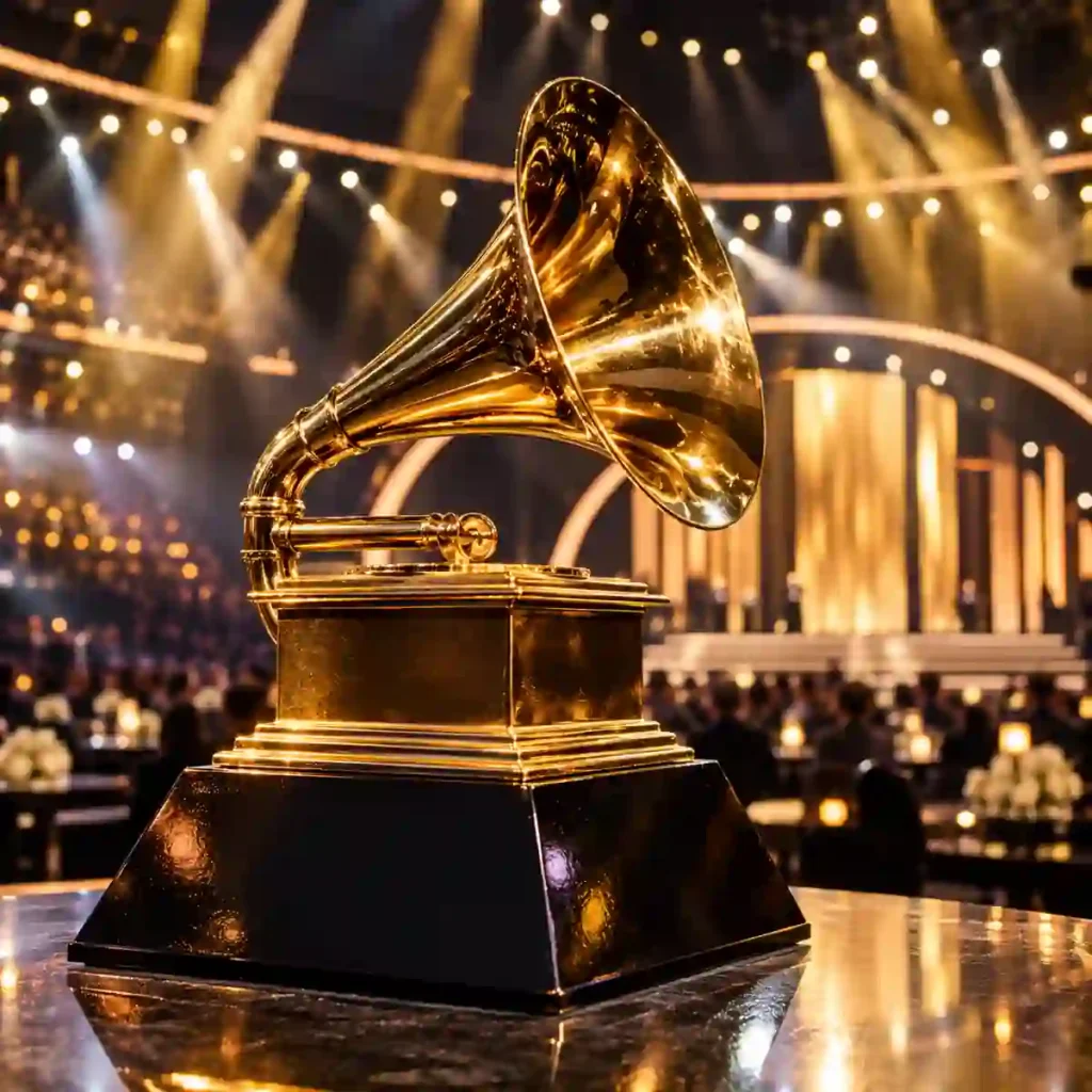 Golden gramophone trophy-inspired sculpture representing the Grammy Awards 2027 ceremony in Los Angeles.