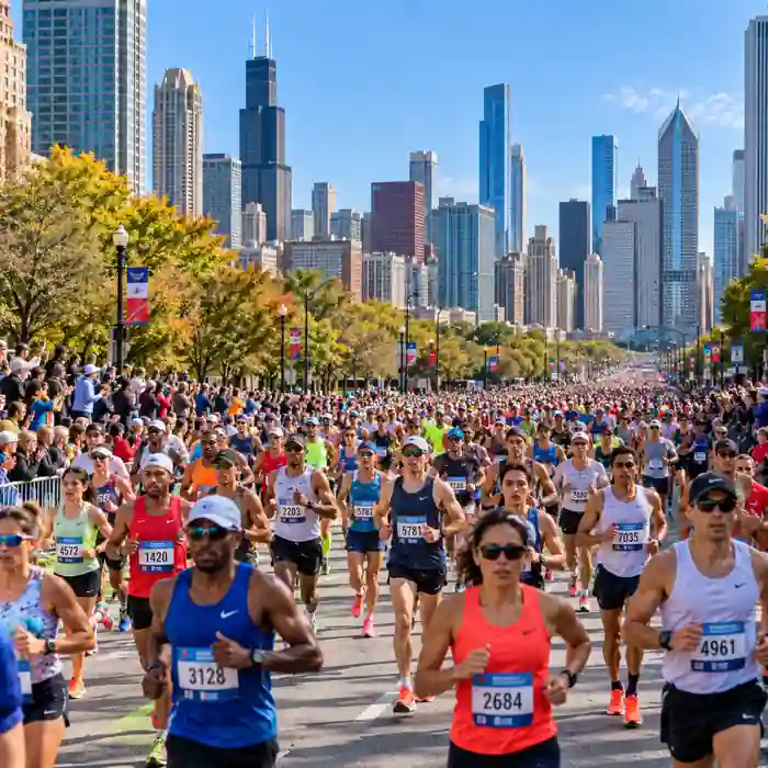Illustration of thousands of runners racing through downtown Chicago during the Chicago Marathon 2026.