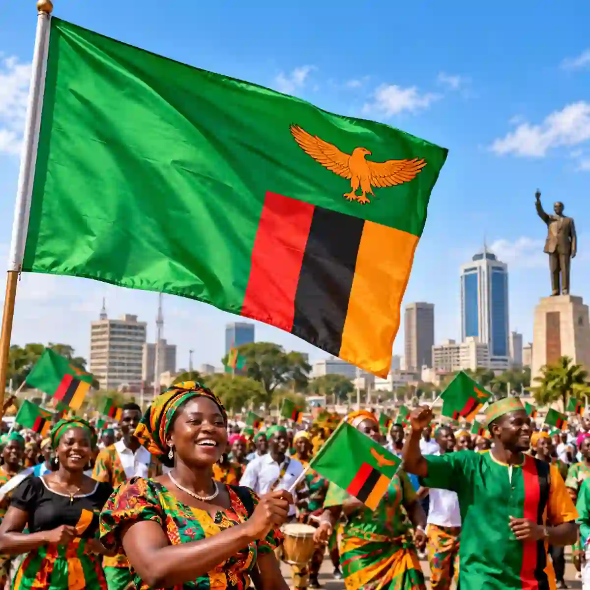 Zambian national flag and citizens celebrating Zambia Independence Day on October 24, 2026, marking 62 years of freedom.