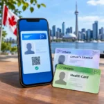 Ontario Digital ID 2026 concept showing a smartphone with digital identification alongside physical driver's licence and health card representations.