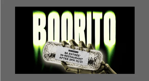 Chipotle burrito bowl with Halloween decorations for the October 31, 2026, $6 Boorito promotion.