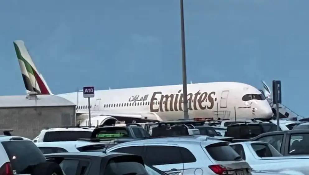 Emirates Airbus A350-900 at Adelaide Airport following Flight EK441's return due to a reported technical fault.